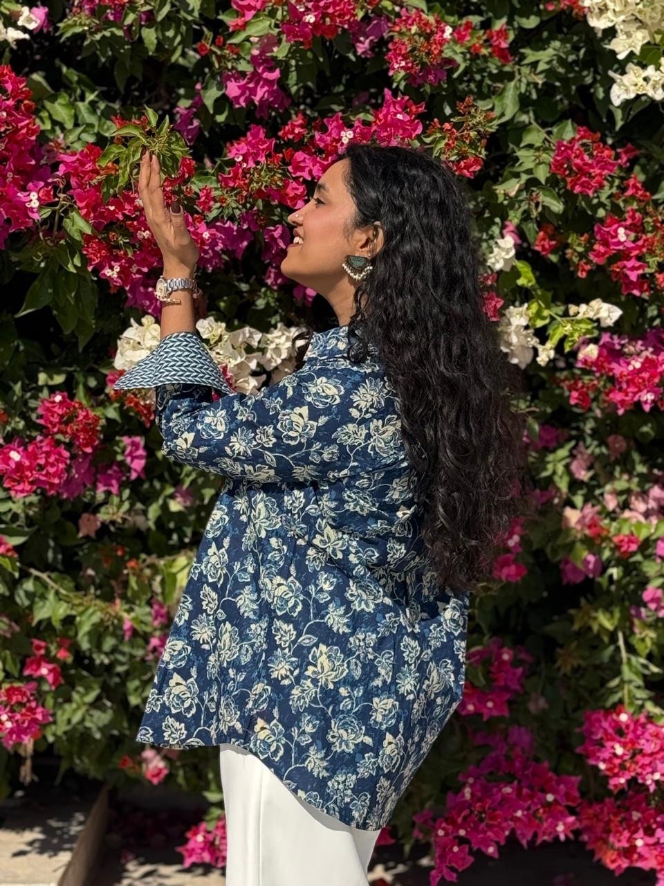 Trisha Relaxed Cotton Shirt- Indigo Florals