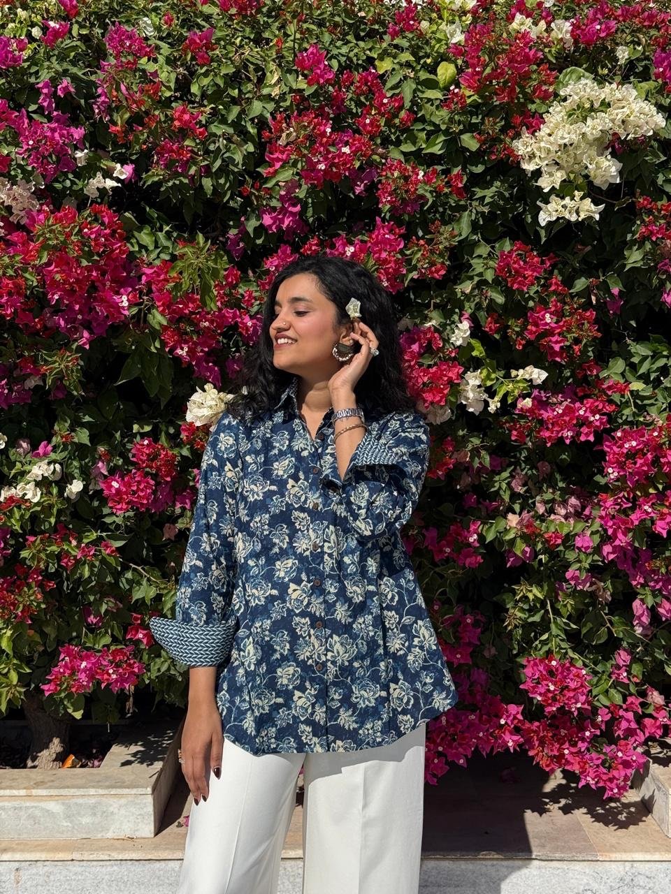 Trisha Relaxed Cotton Shirt- Indigo Florals