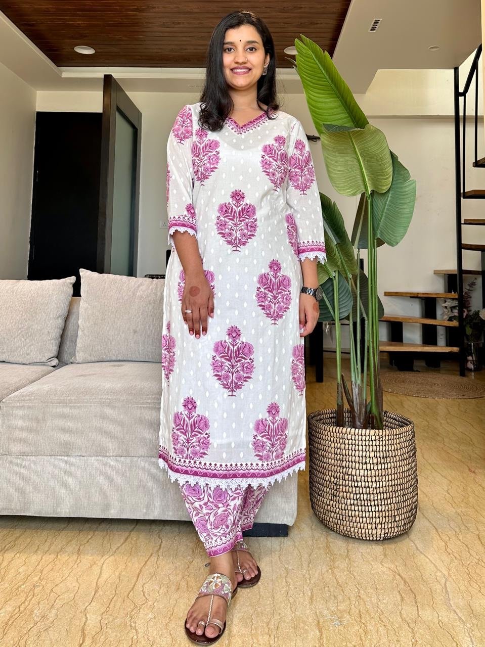 White Pink Boota Afghan Cotton Set