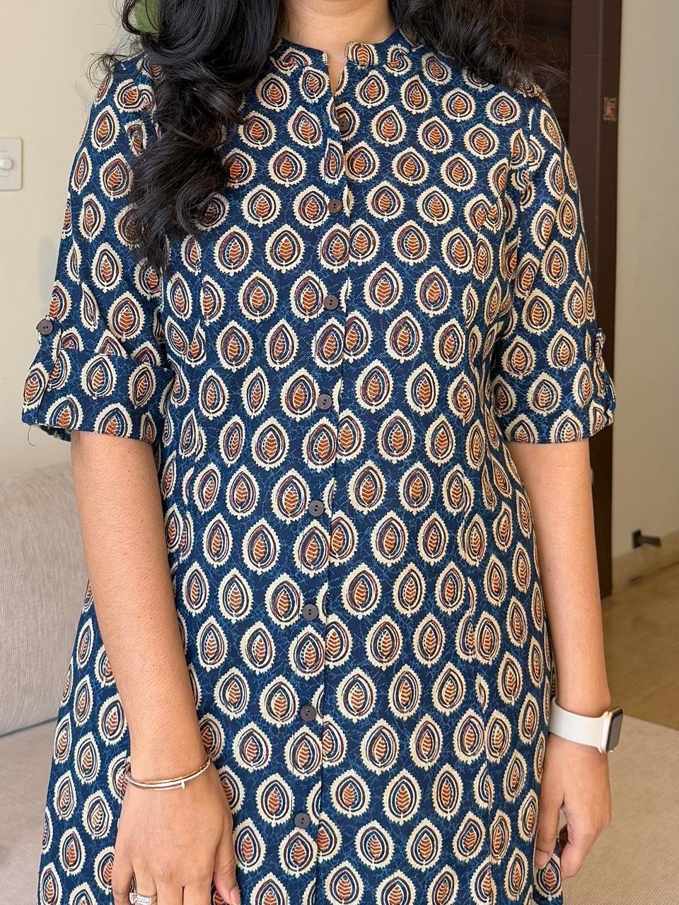 A-line Cotton Kurta- Blue Leaf Bootas