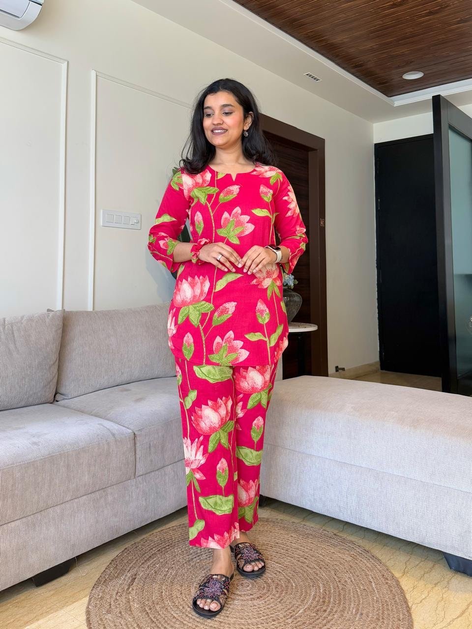 Cotton Lounge Set- Bright Pink Florals