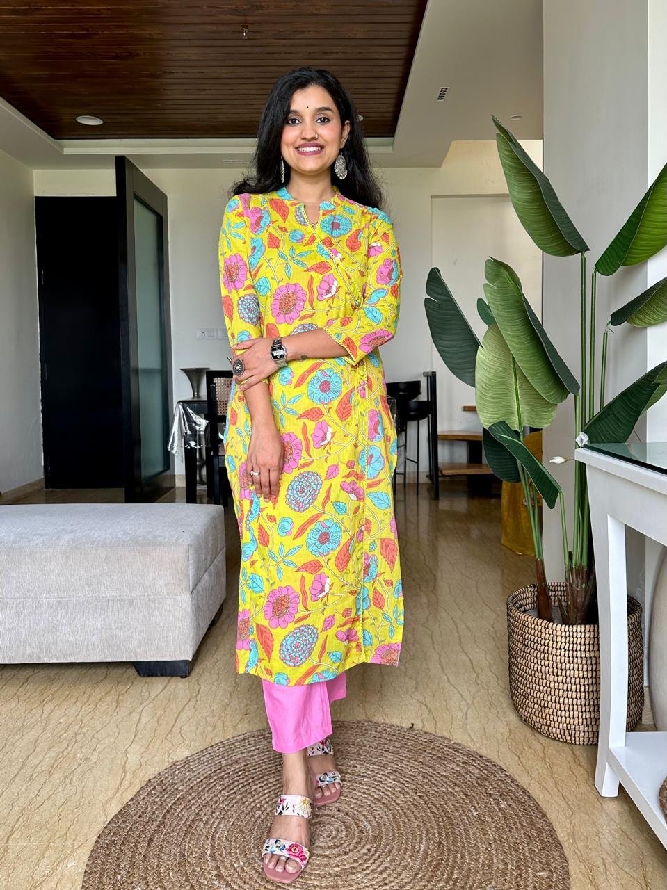 Angrakha Style Cotton Pant Set- Lime