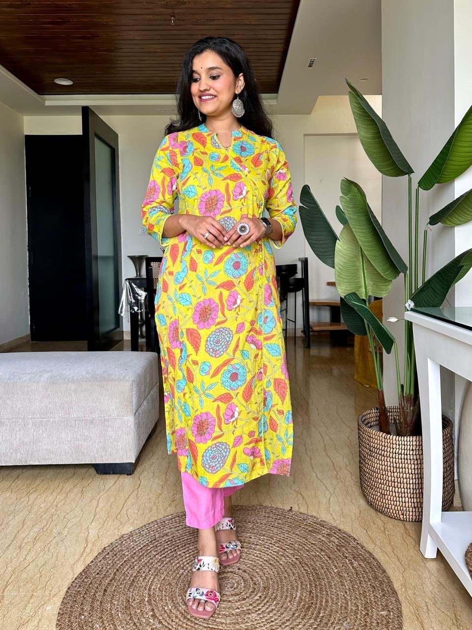 Angrakha Style Cotton Pant Set- Lime