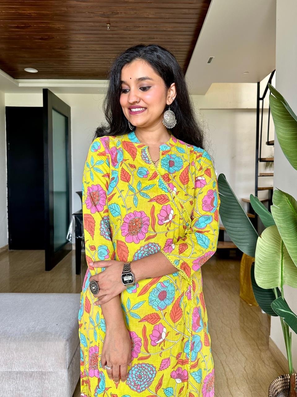 Angrakha Style Cotton Pant Set- Lime