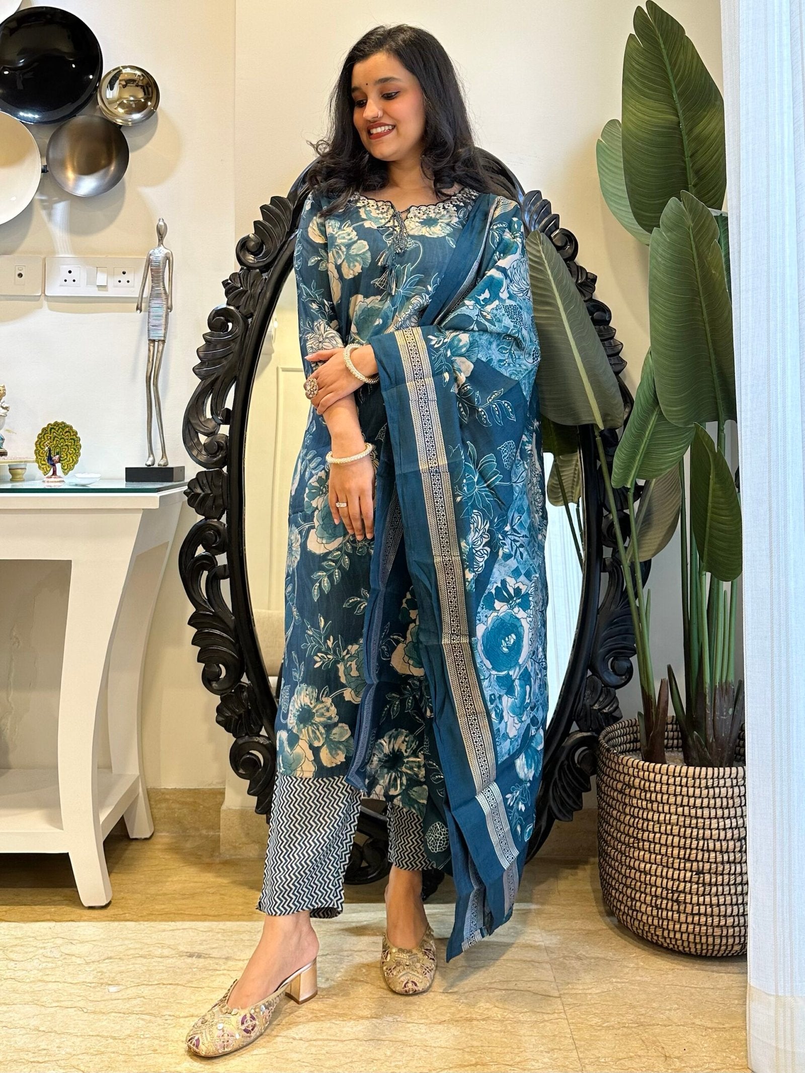 Blue Cutwork Floral Muslin Set
