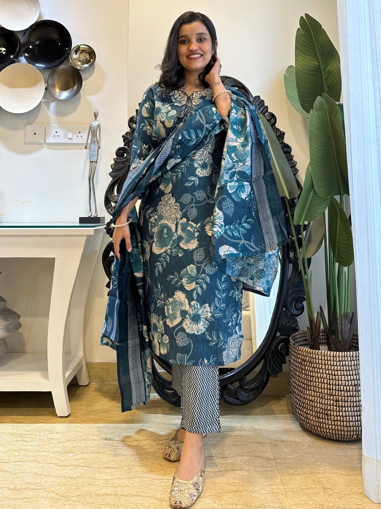 Blue Cutwork Floral Muslin Set