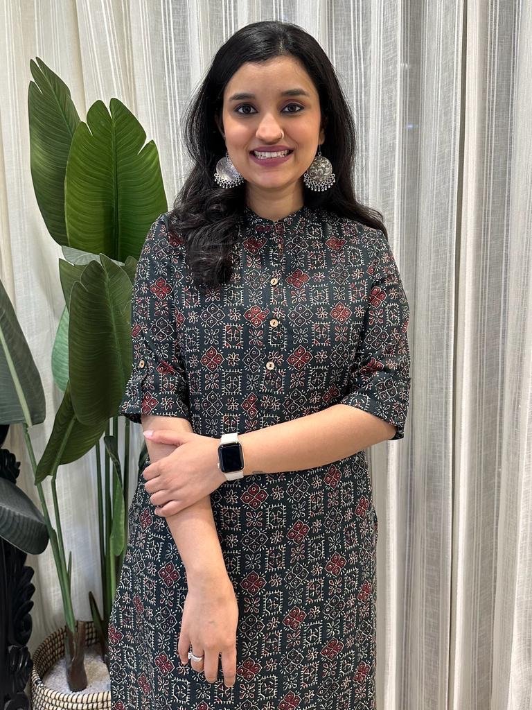 Weekend Rayon Kurta- Dark Green Motif