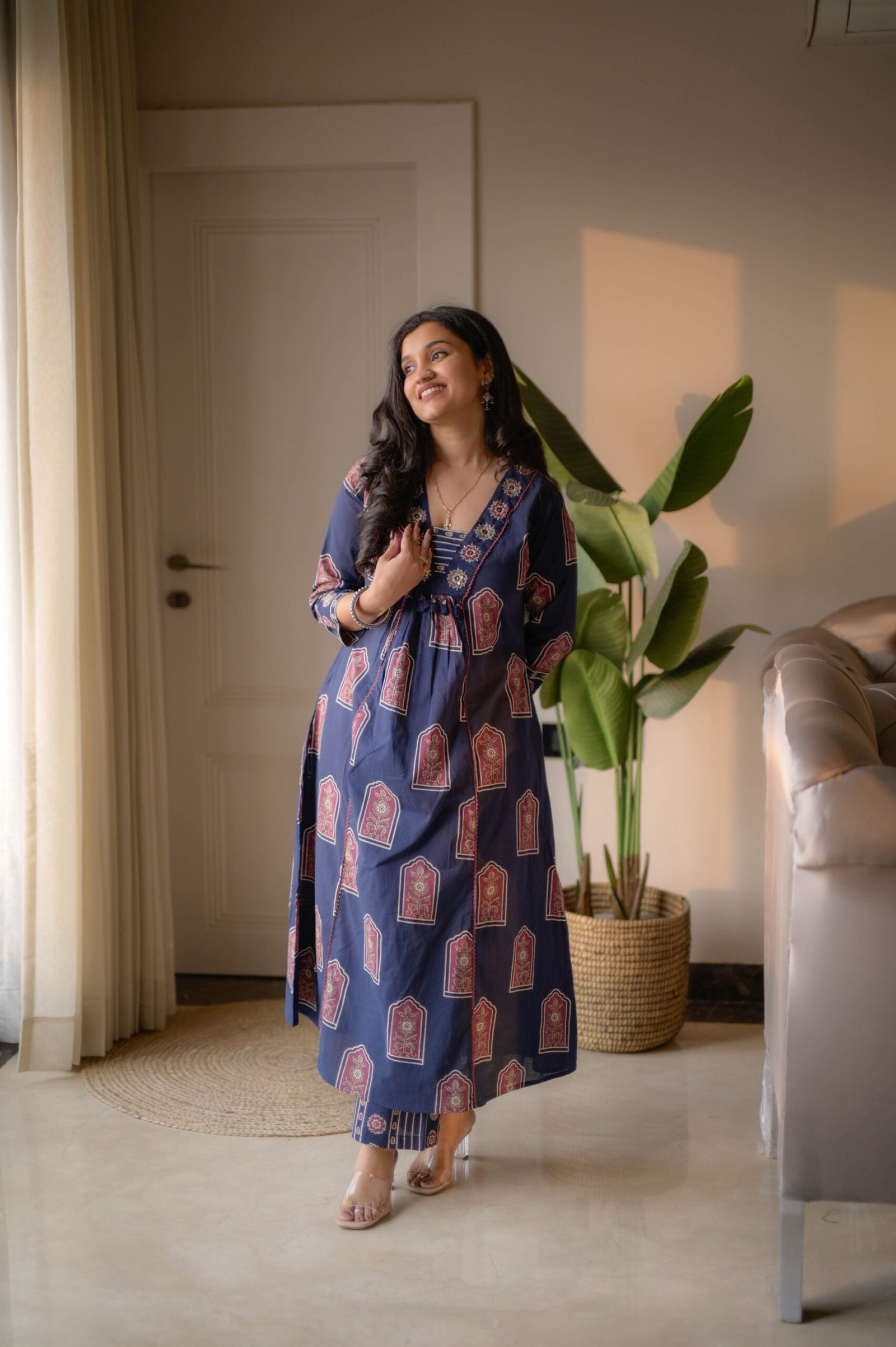 Taraya Flared Printed Cotton Suit- Blue