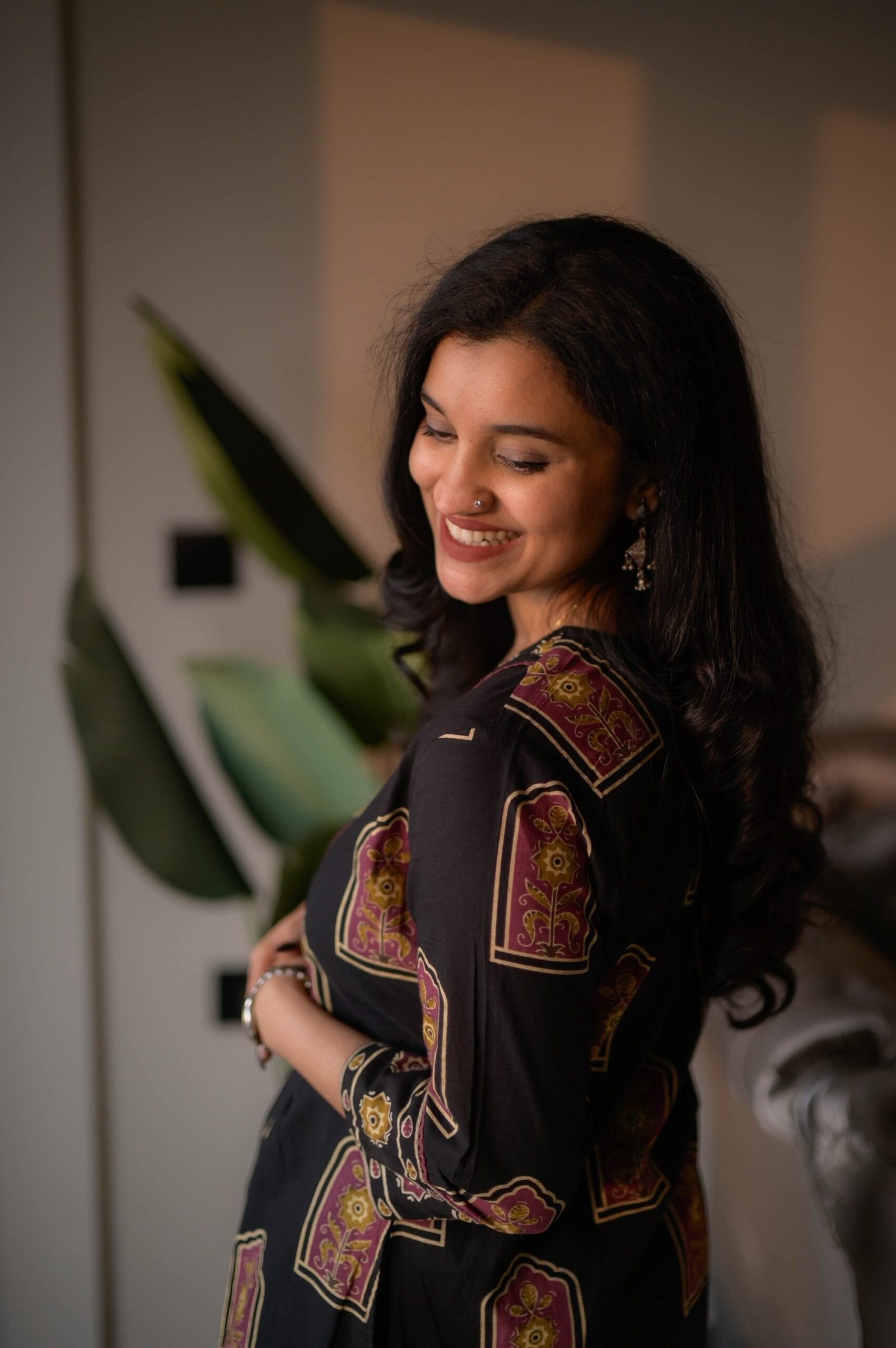 Taraya Flared Printed Cotton Suit- Black