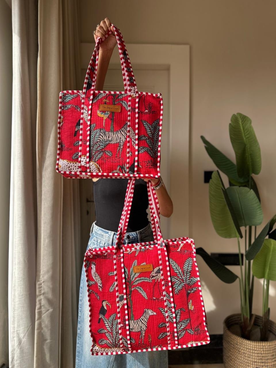 Quilted Tote Bag (Large)- Red Jungle - Image 5