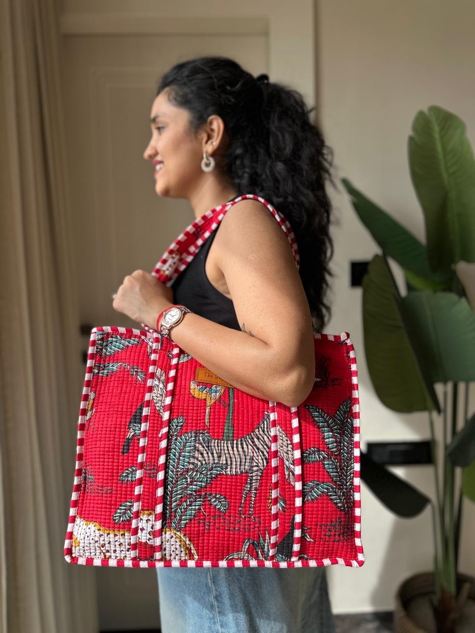 Quilted Tote Bag (Large)- Red Jungle - Image 4