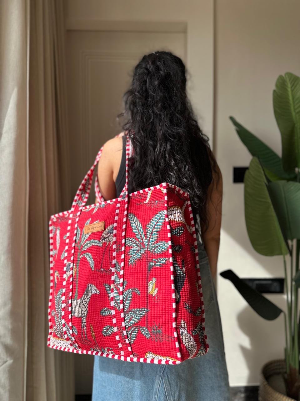 Quilted Tote Bag (Large)- Red Jungle - Image 6