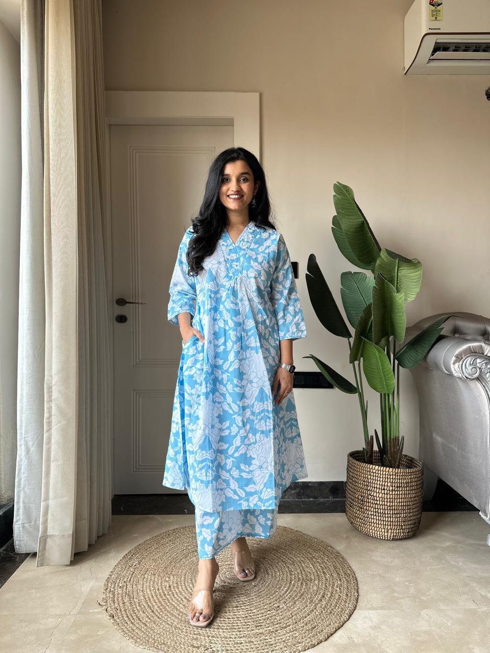 Sirsa Cotton Coord Set- Sky Florals