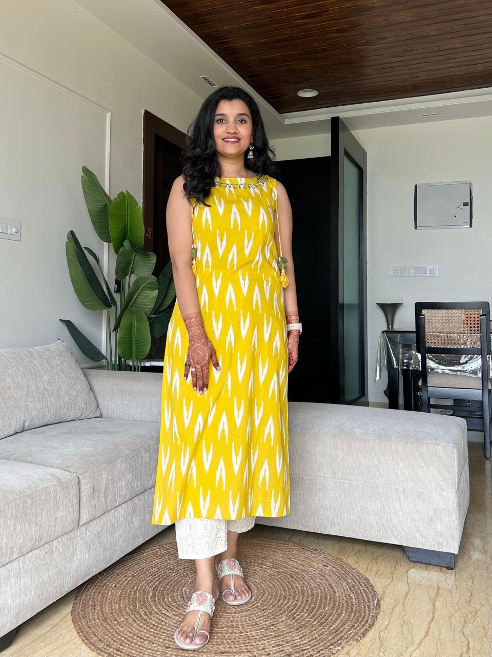 Roshni Sleeveless Cotton Tassel Kurta- Ikkat Yellow