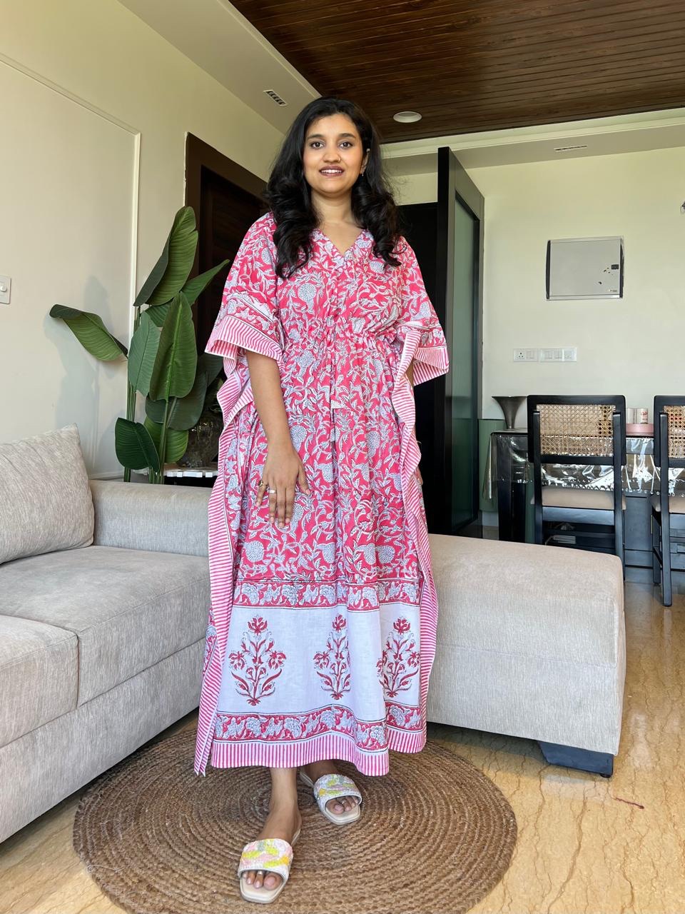Zura Block Print Kaftan- Bright Pink Jaal