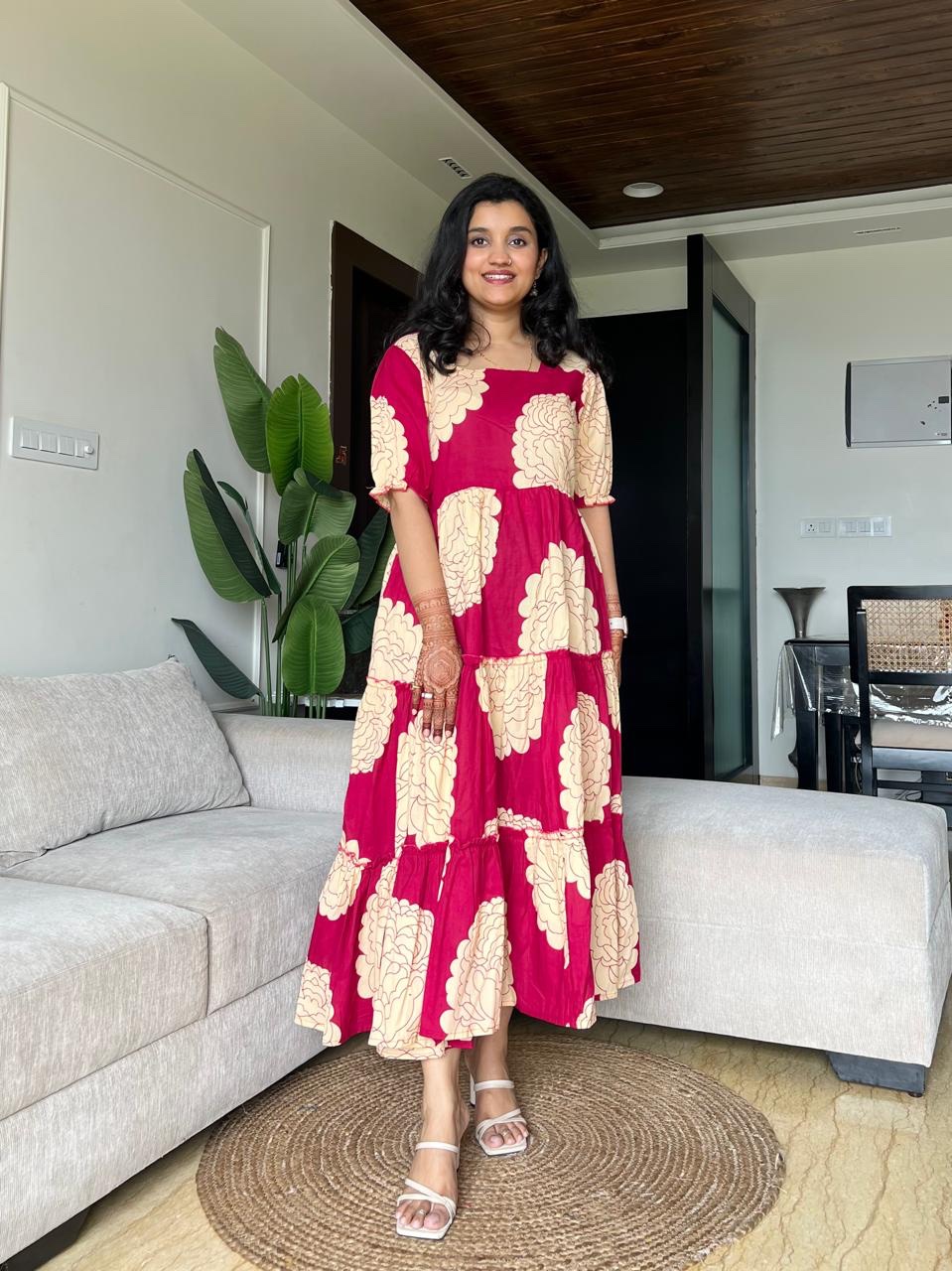 Tanvi Tiered Maxi Dress- Dark Pink Flowers