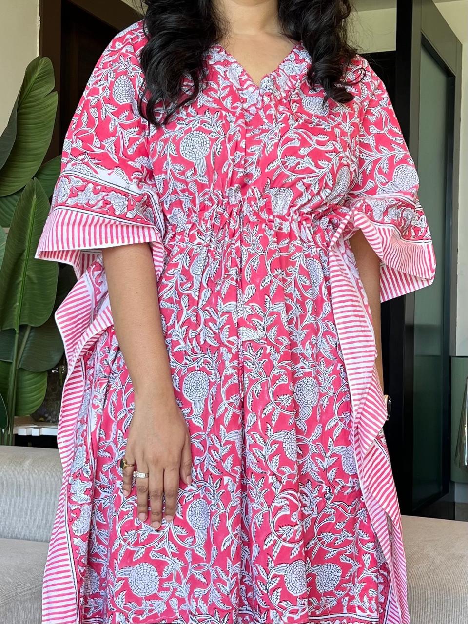 Zura Block Print Kaftan- Bright Pink Jaal - Image 3