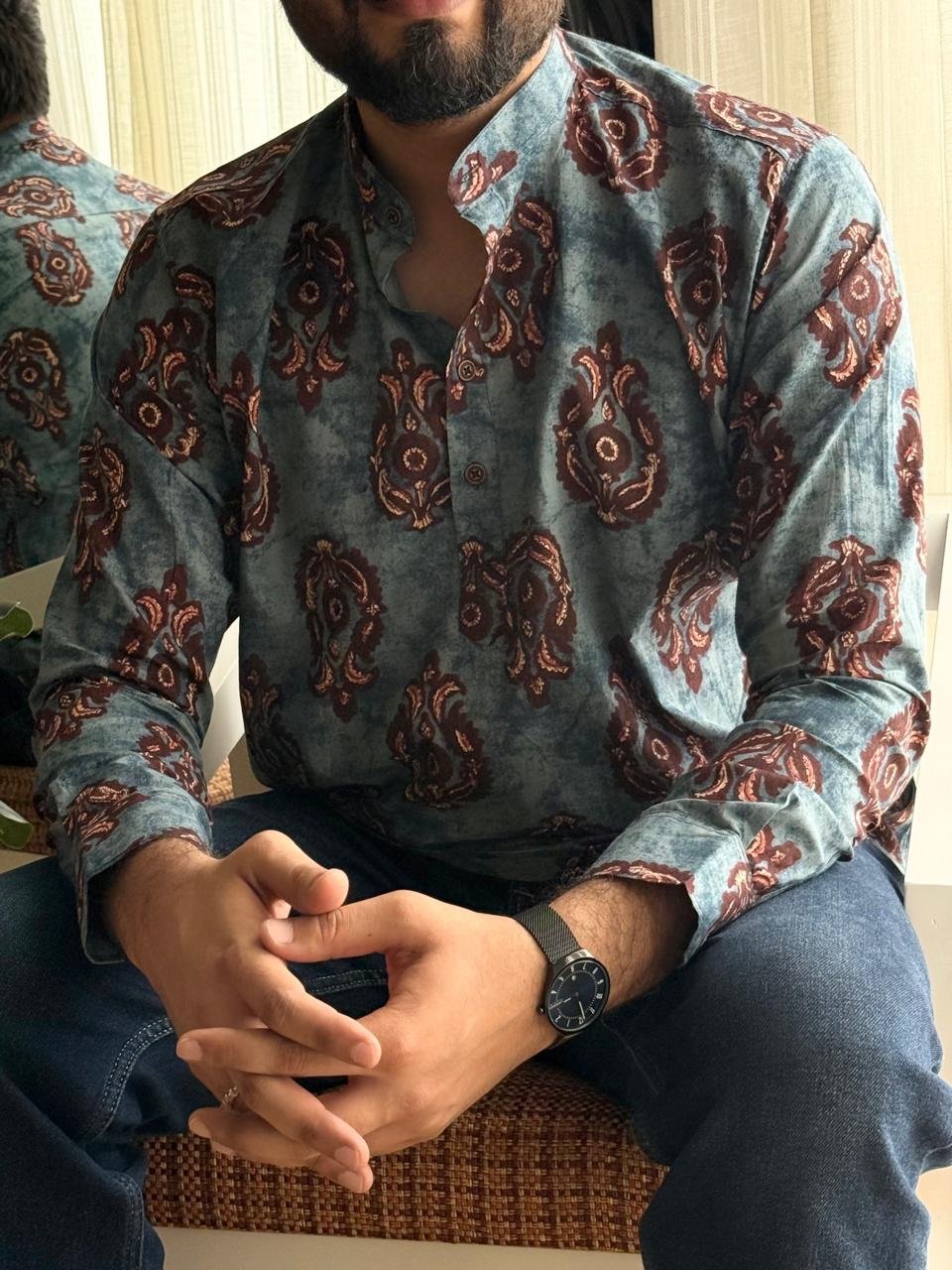 Cotton Men’s Short Kurta- Bluish Motif