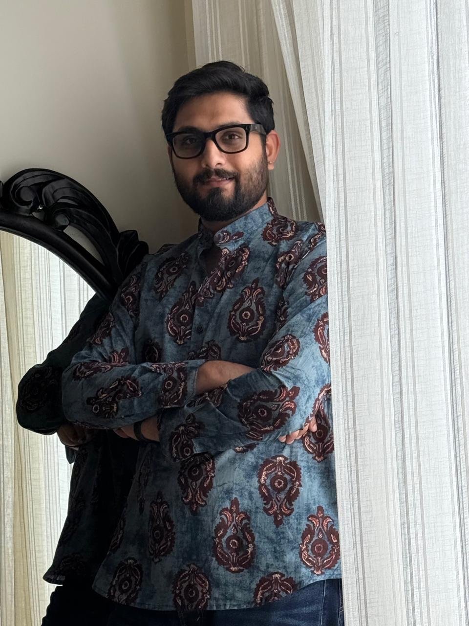 Cotton Men’s Short Kurta- Bluish Motif - Image 3