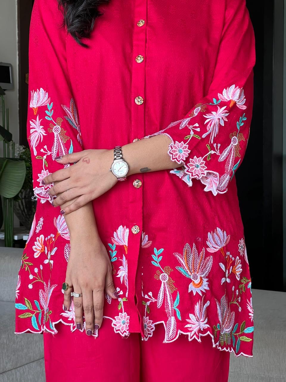 Vaari Cutwork Coord Set- Red - Image 4