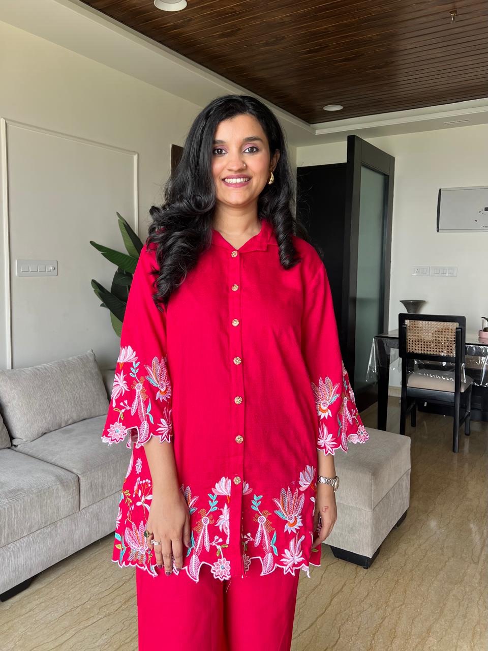 Vaari Cutwork Coord Set- Red - Image 2