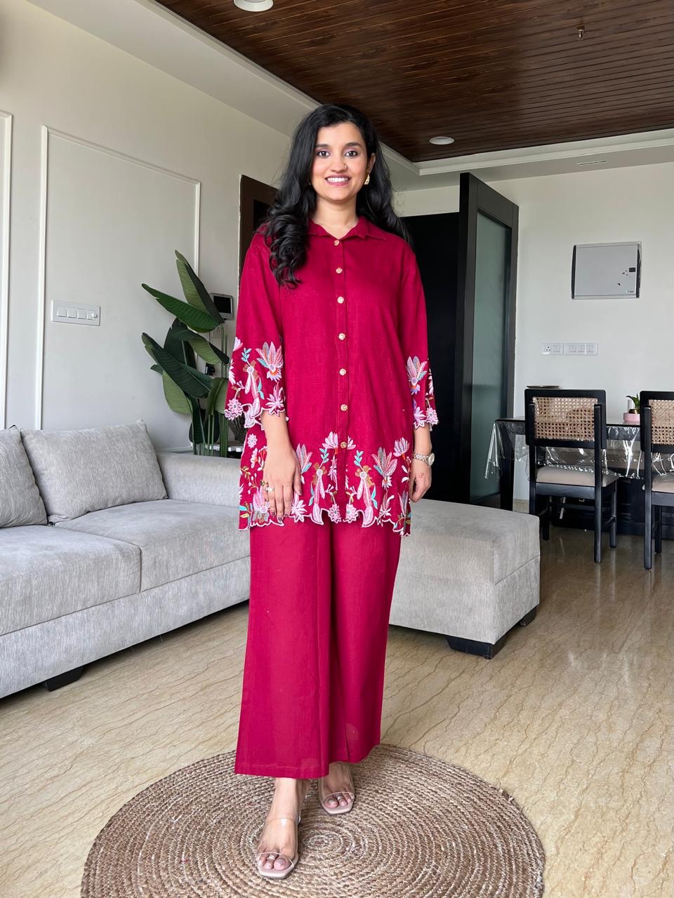 Vaari Cutwork Coord Set- Maroon