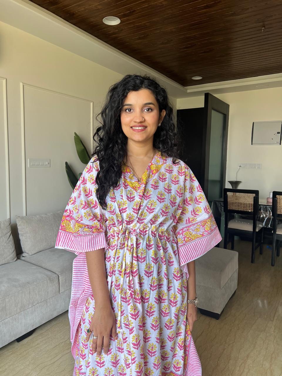 Zura Block Print Kaftan- White Pink Yellow Booti - Image 3