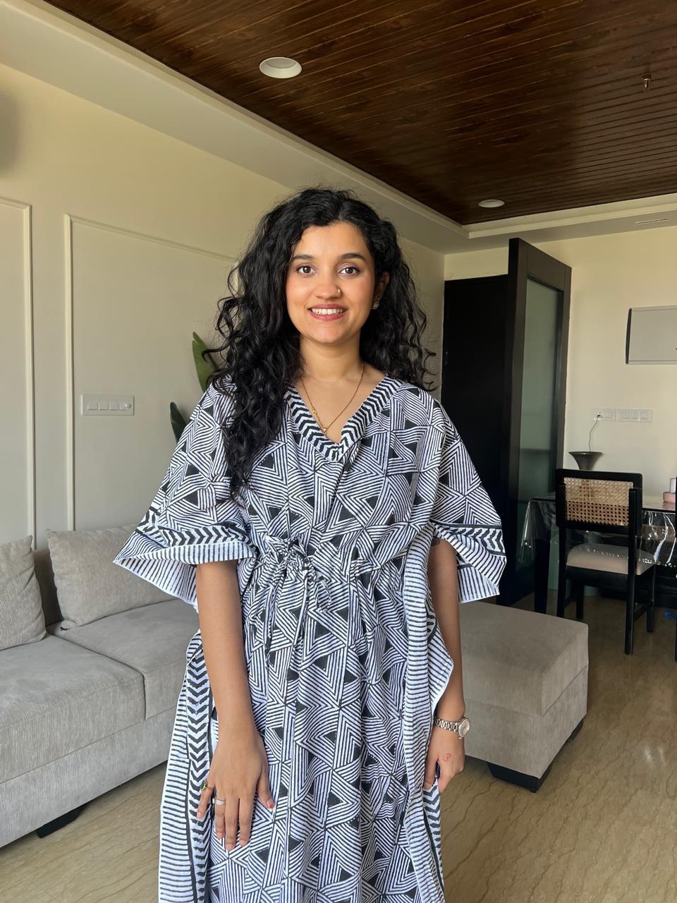 Zura Block Print Kaftan- Black & White mix - Image 3