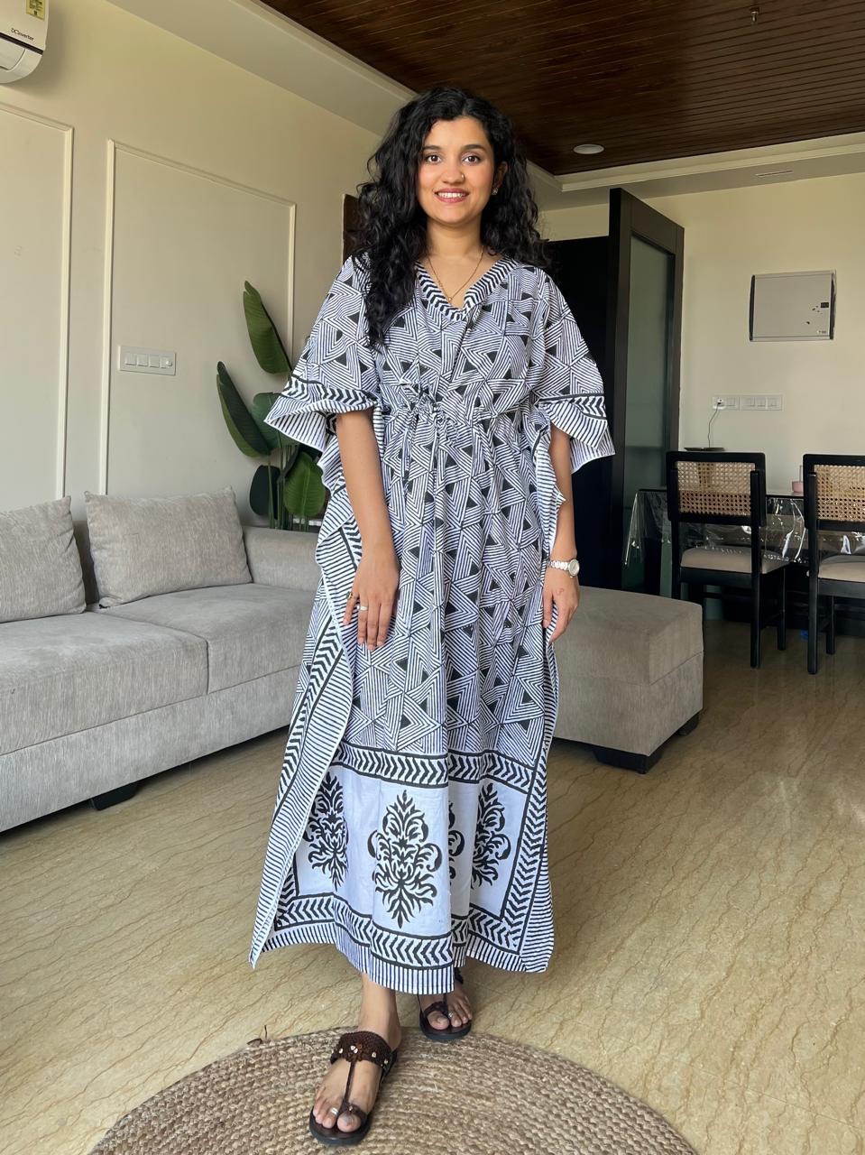 Zura Block Print Kaftan- Black & White mix