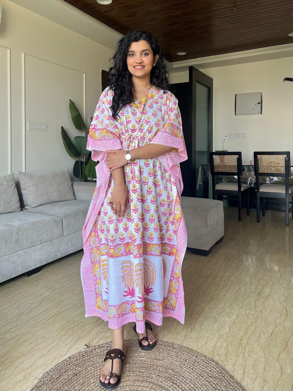 Zura Block Print Kaftan- White Pink Yellow Booti - Image 2