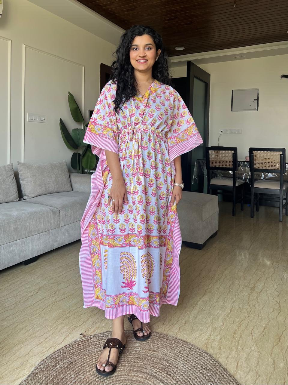 Zura Block Print Kaftan- White Pink Yellow Booti