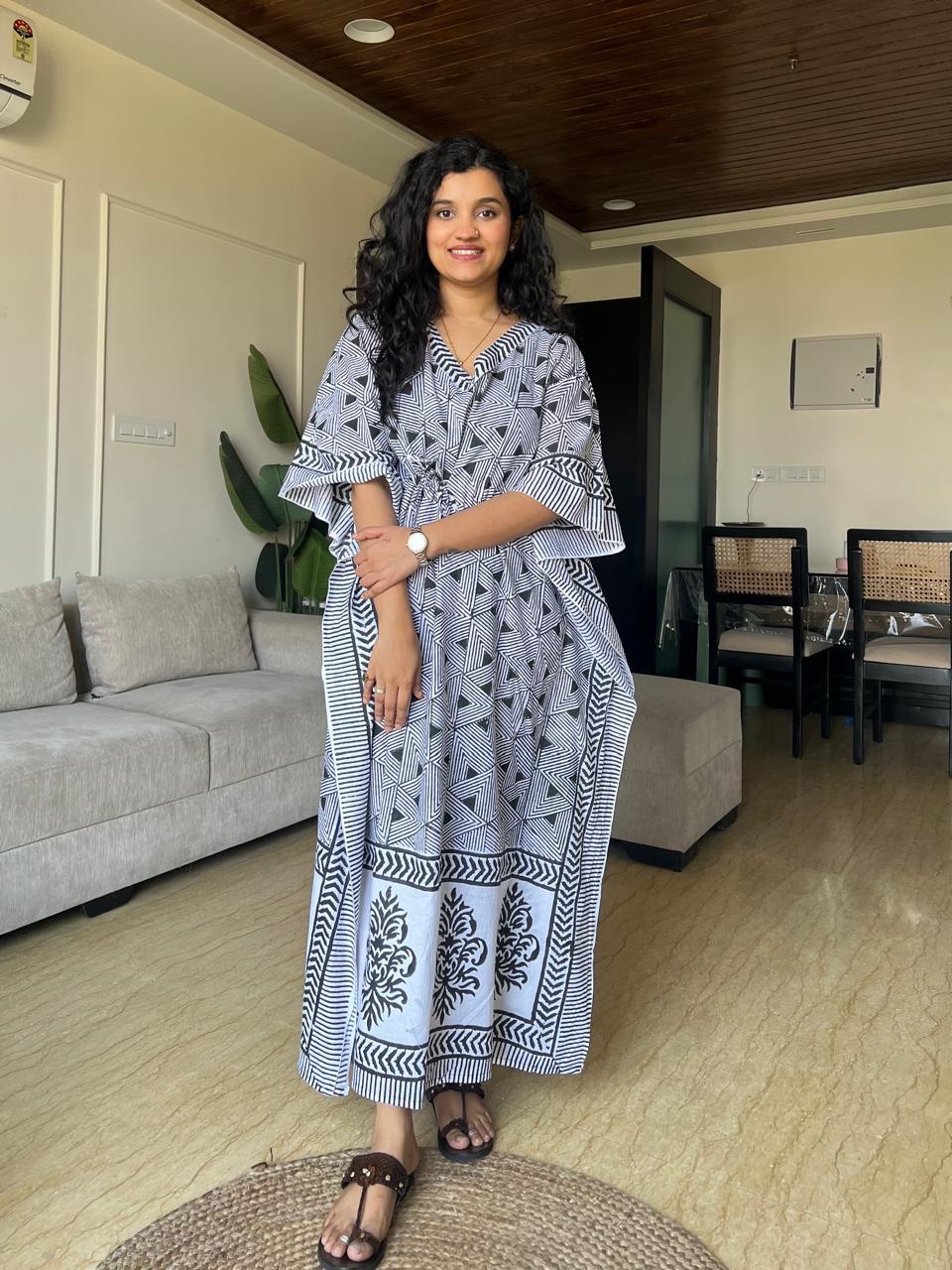 Zura Block Print Kaftan- Black & White mix - Image 2