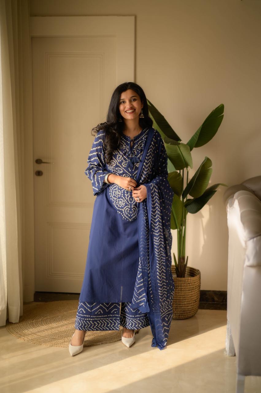 Gulzar Premium Bandhej Cotton Suit- Blue