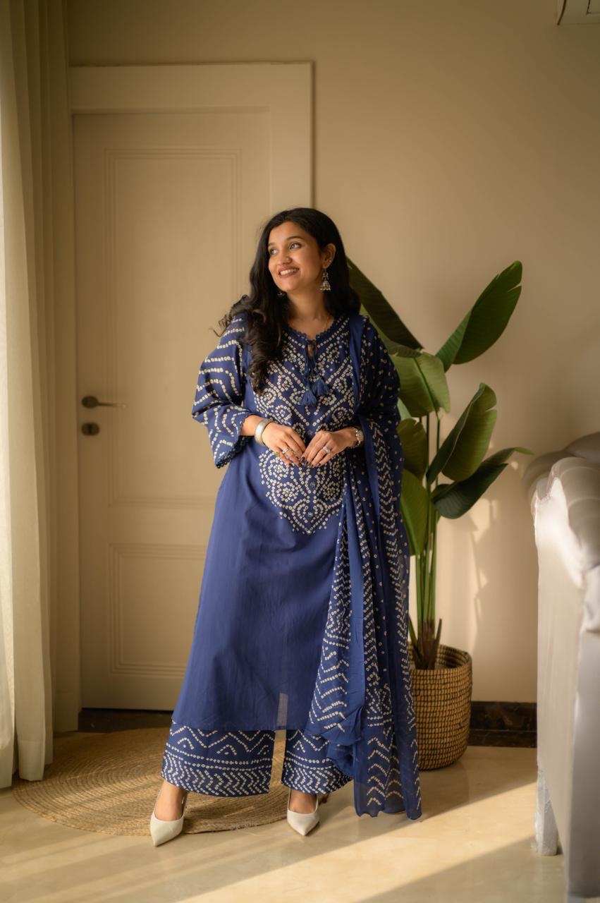 Gulzar Premium Bandhej Cotton Suit- Blue - Image 2