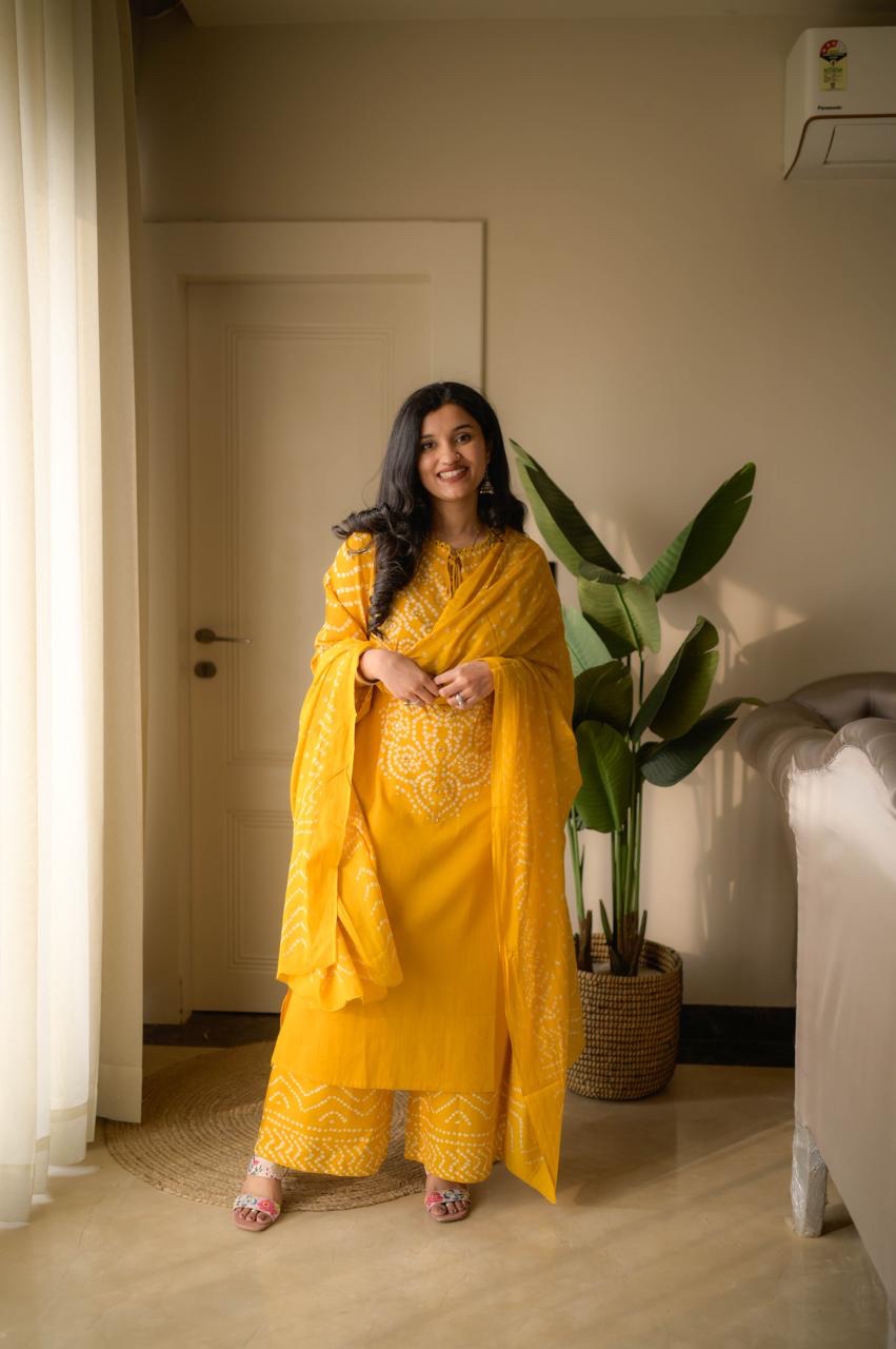 Gulzar Premium Bandhej Cotton Suit- Yellow