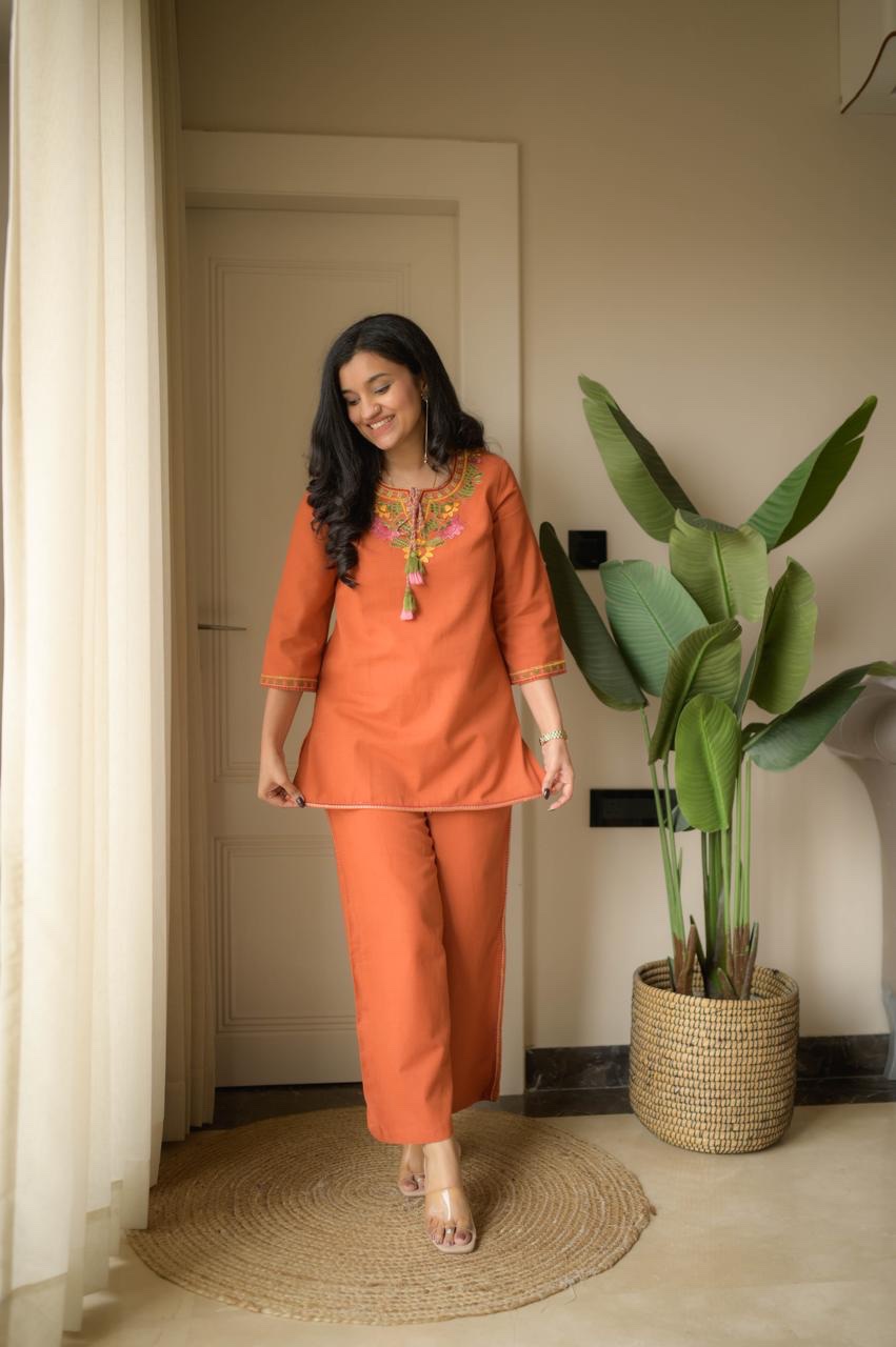 Grisha Embroidered Coord Set- Orange