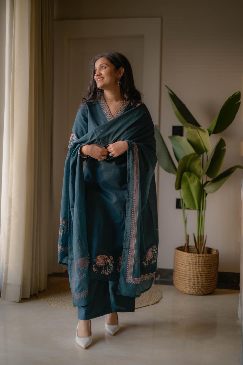 Shiya Embroidered Cotton Set- Teal Blue - Image 7