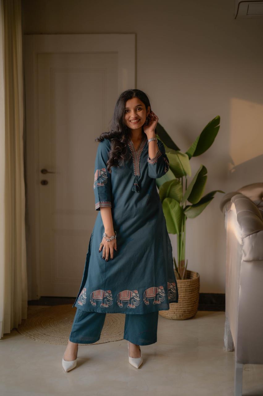 Shiya Embroidered Cotton Set- Teal Blue - Image 6