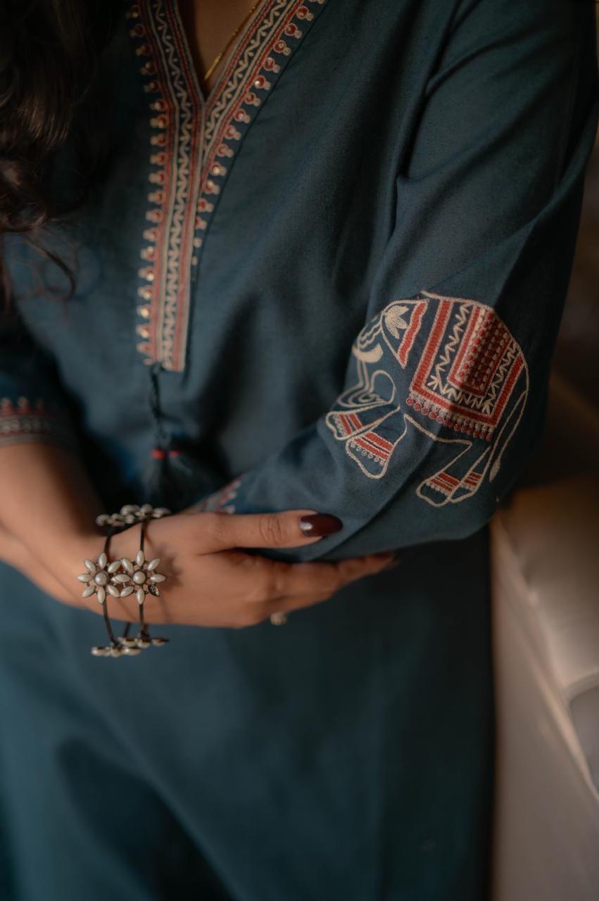 Shiya Embroidered Cotton Set- Teal Blue - Image 8