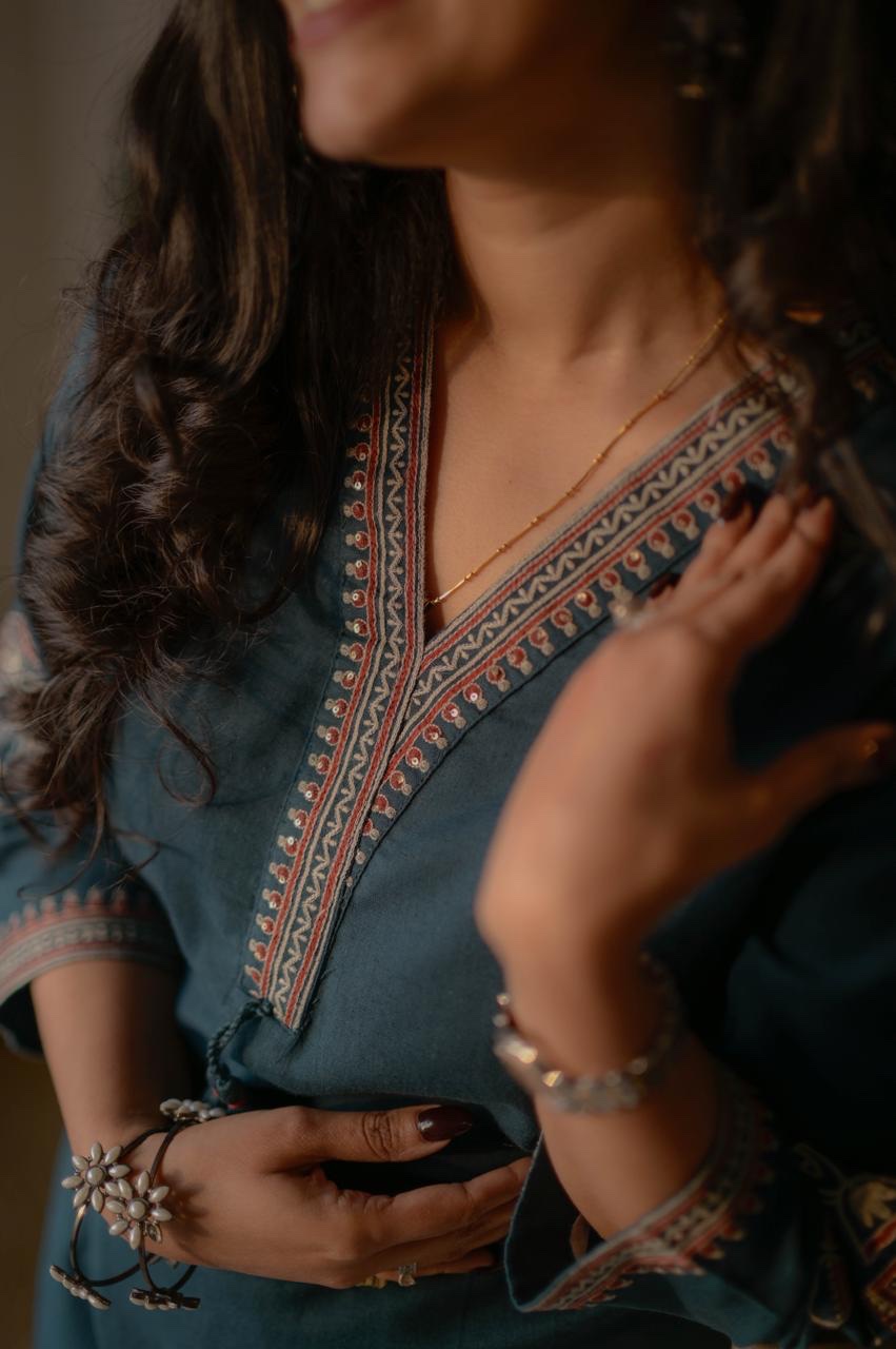 Shiya Embroidered Cotton Set- Teal Blue - Image 5