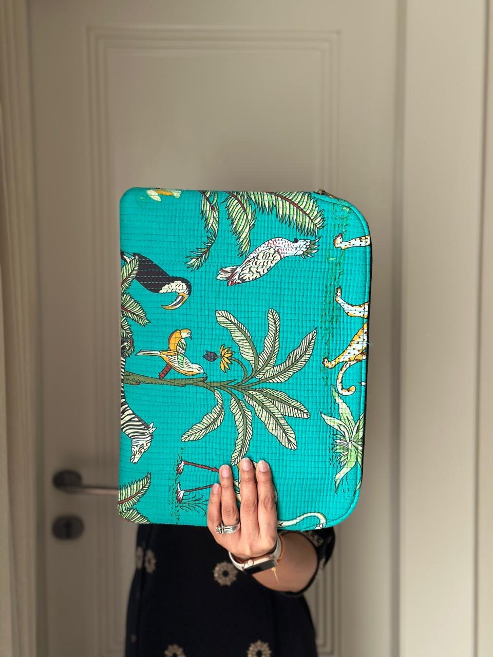 Quilted Laptop Sleeve- Green Jungle