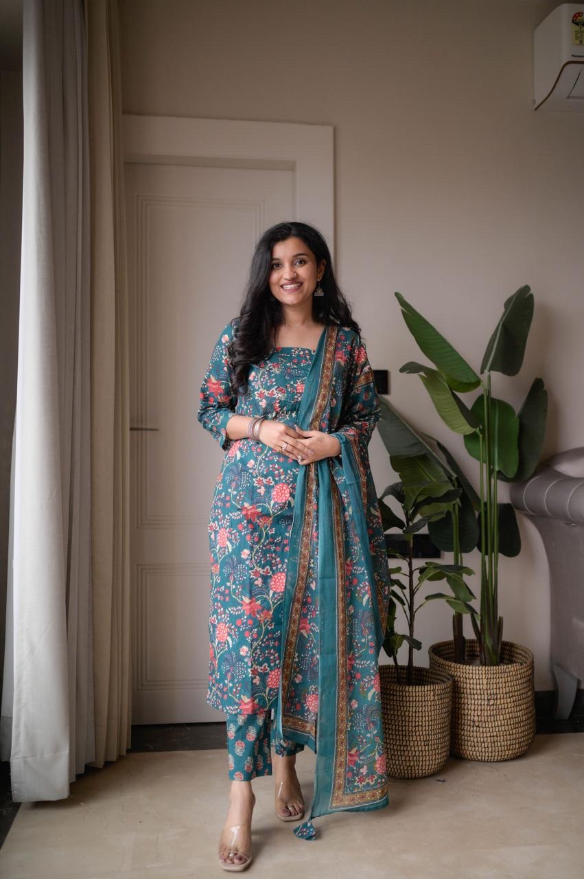 Samya Budget Cotton Suit- Teal Florals