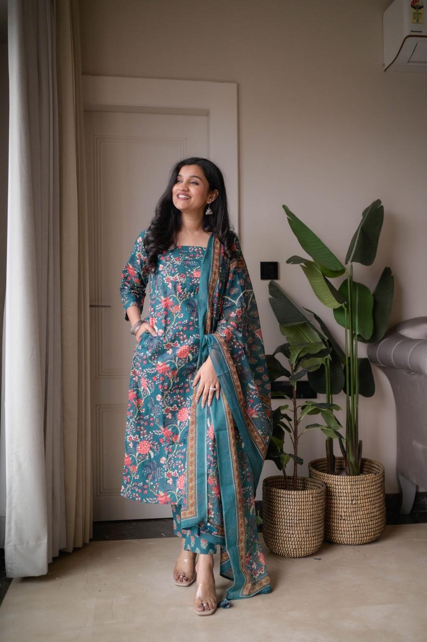 Samya Budget Cotton Suit- Teal Florals - Image 3