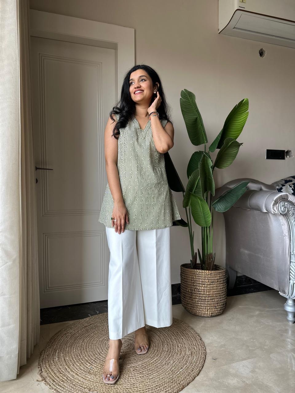 Gazia Pure Cotton Sleeveless Top- Green - Image 6