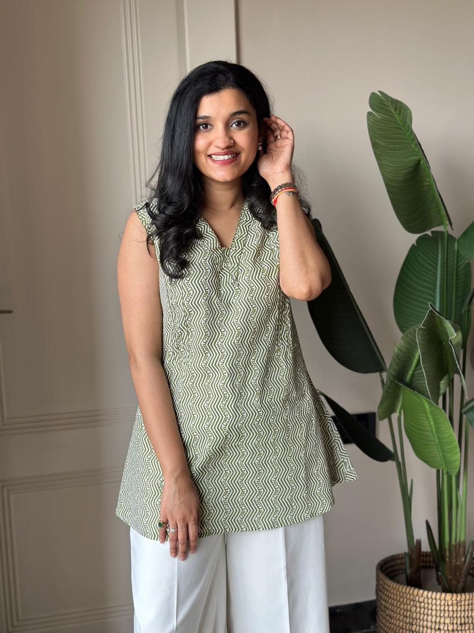 Gazia Pure Cotton Sleeveless Top- Green - Image 5