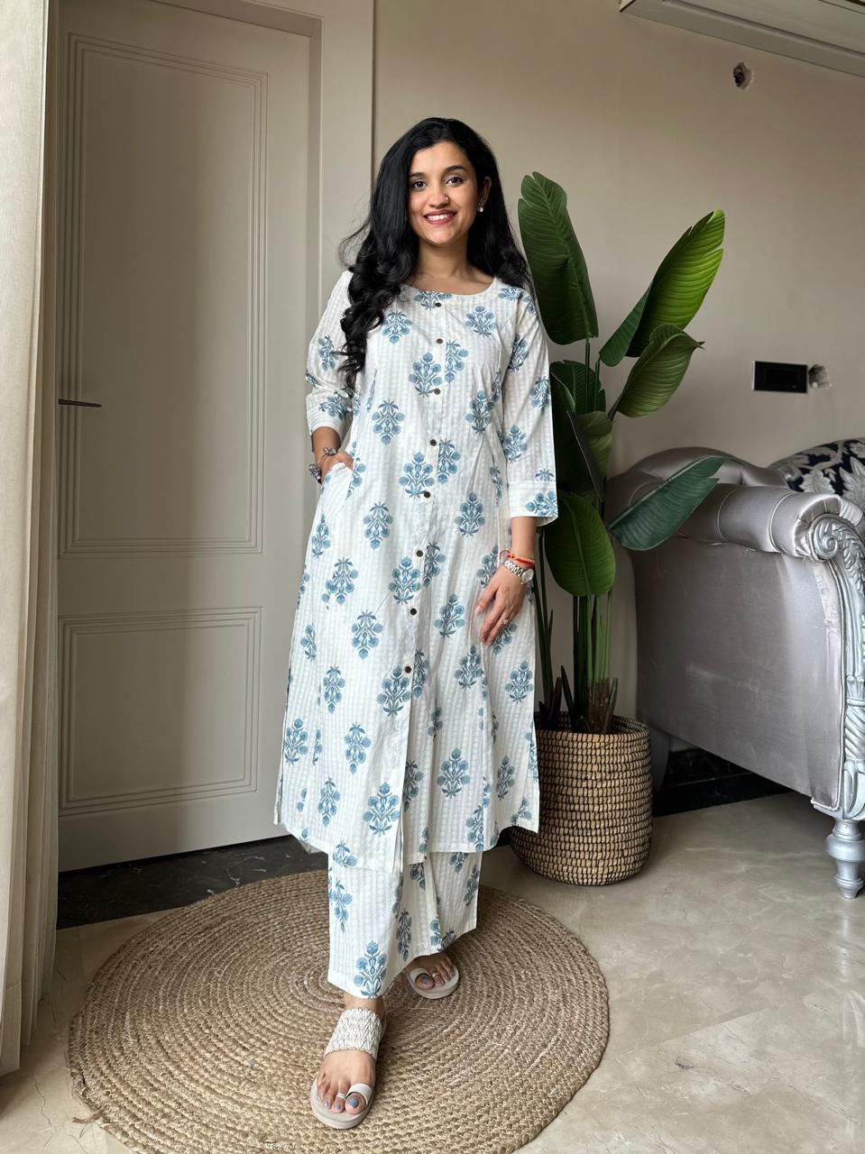 Amayra A-line Cotton Pant Sets- Blue Boota