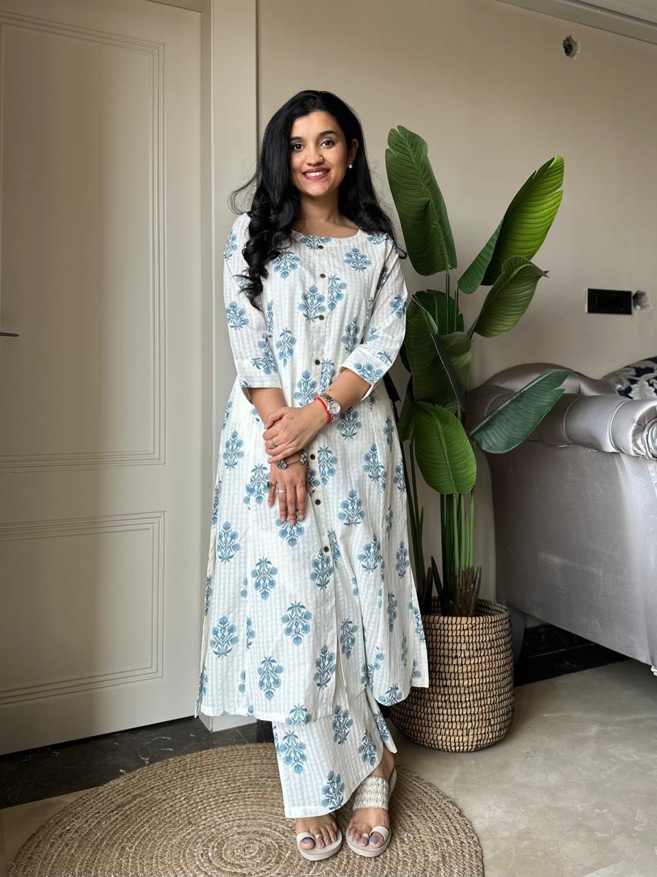 Amayra A-line Cotton Pant Sets- Blue Boota - Image 5