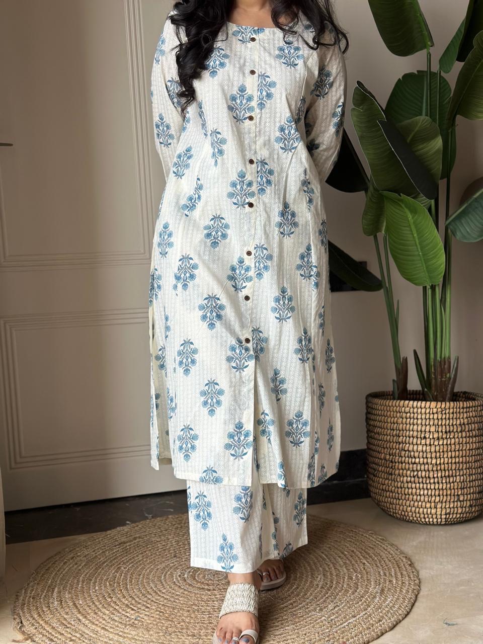 Amayra A-line Cotton Pant Sets- Blue Boota - Image 3