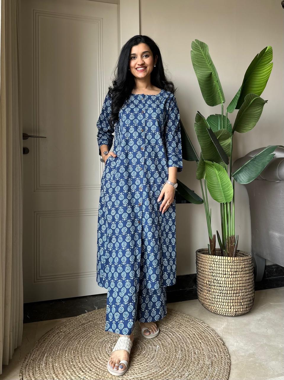 Amayra A-line Cotton Pant Set- Indigo Booti