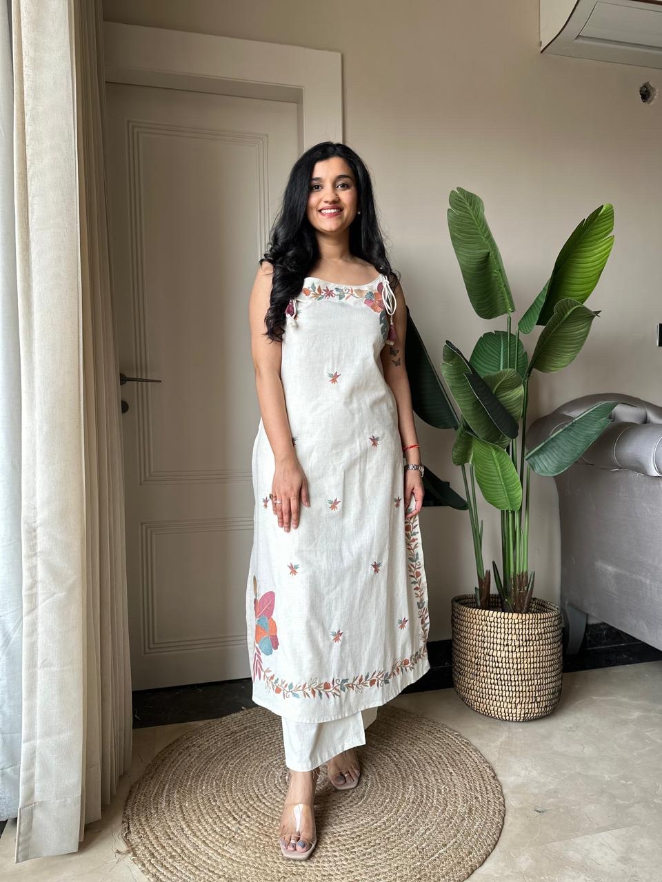 Zuhra Embroidered Pant Set- Off White